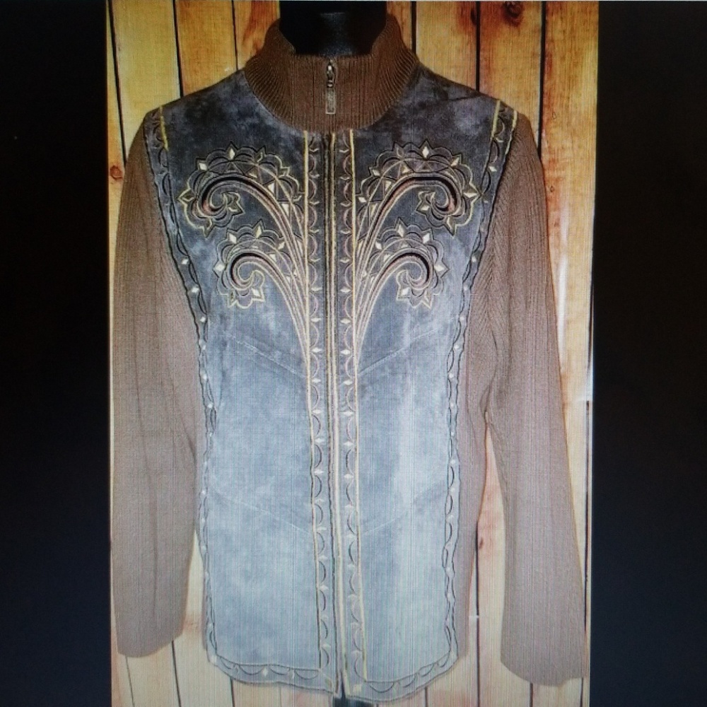 Bob Mackie suede leather jacket size large brown
